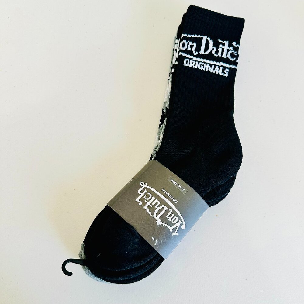 VON DUTCH ORIGINALS 3-PACK CREW CUT SOCKS BLACK AND GRAY SET UNISEX